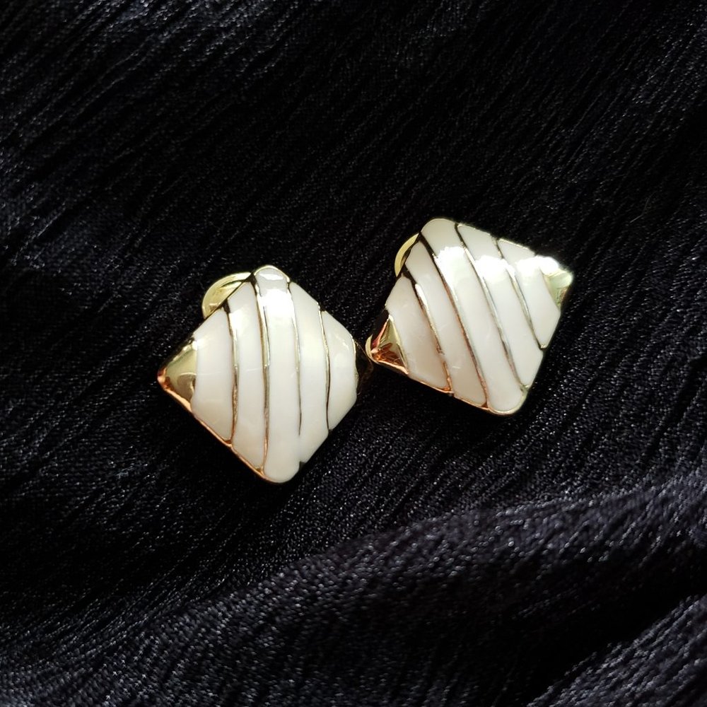 Vintage Cream Enamel Square Clip on Earrings